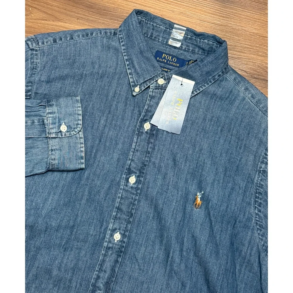 Polo Ralph Lauren Mens Classic Fit Denim Dark Chambray Button Up Shirt Sz XL